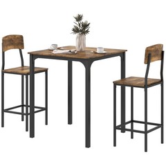 3 Piece Pub Table Set, Square Dining Table & 2 Stools, Rustic Brown/Black