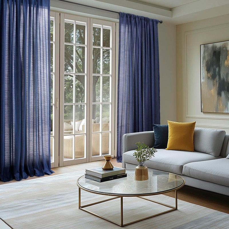 Ink Blue Rustic Linen Light Filtering Curtains 96" Long - 2 Panels gallery