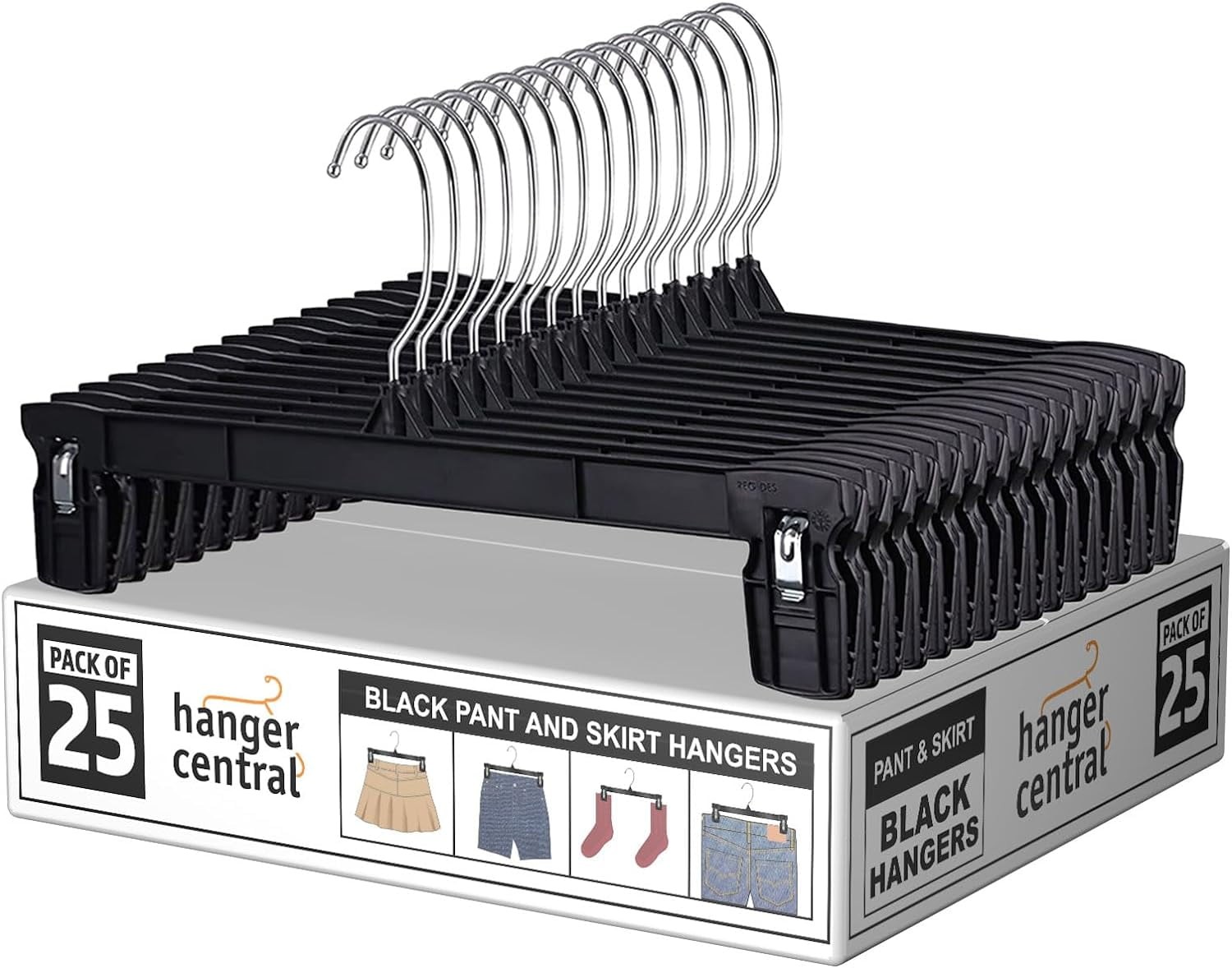 25 Pack 12 Inch Plastic Pants Hangers with Extra Long Clips in Black gallery