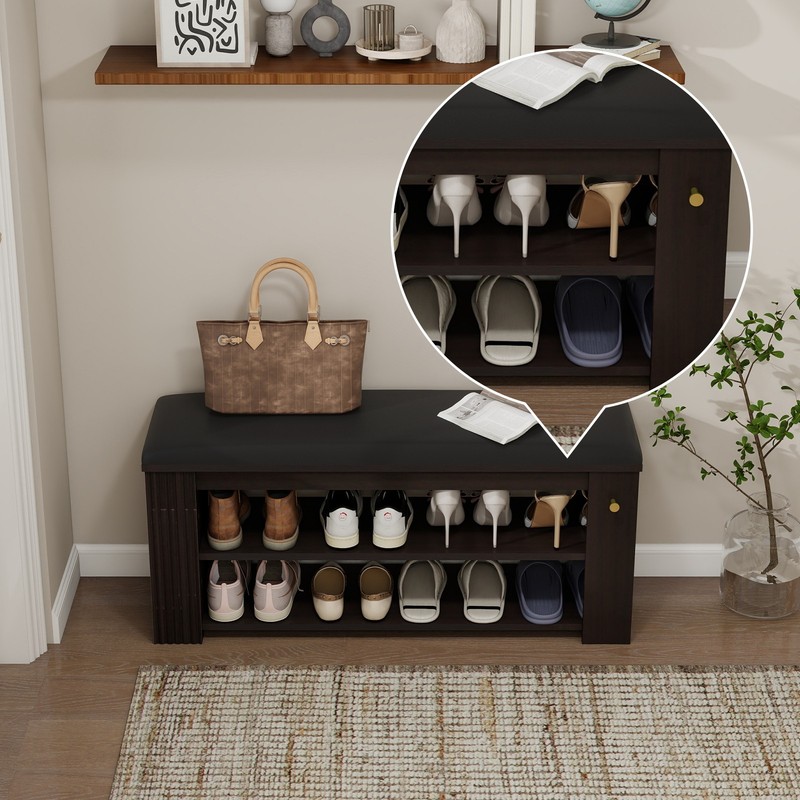 Entryway Bench with Storage and Hooks - PU Leather Ottoman Shoe Rack for Hallway gallery