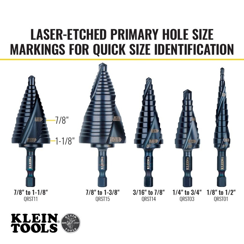 Klein QRST11 Step Drill Bit, Quick Release, Double Spiral Flute, 7/8" to 1-1/8" gallery