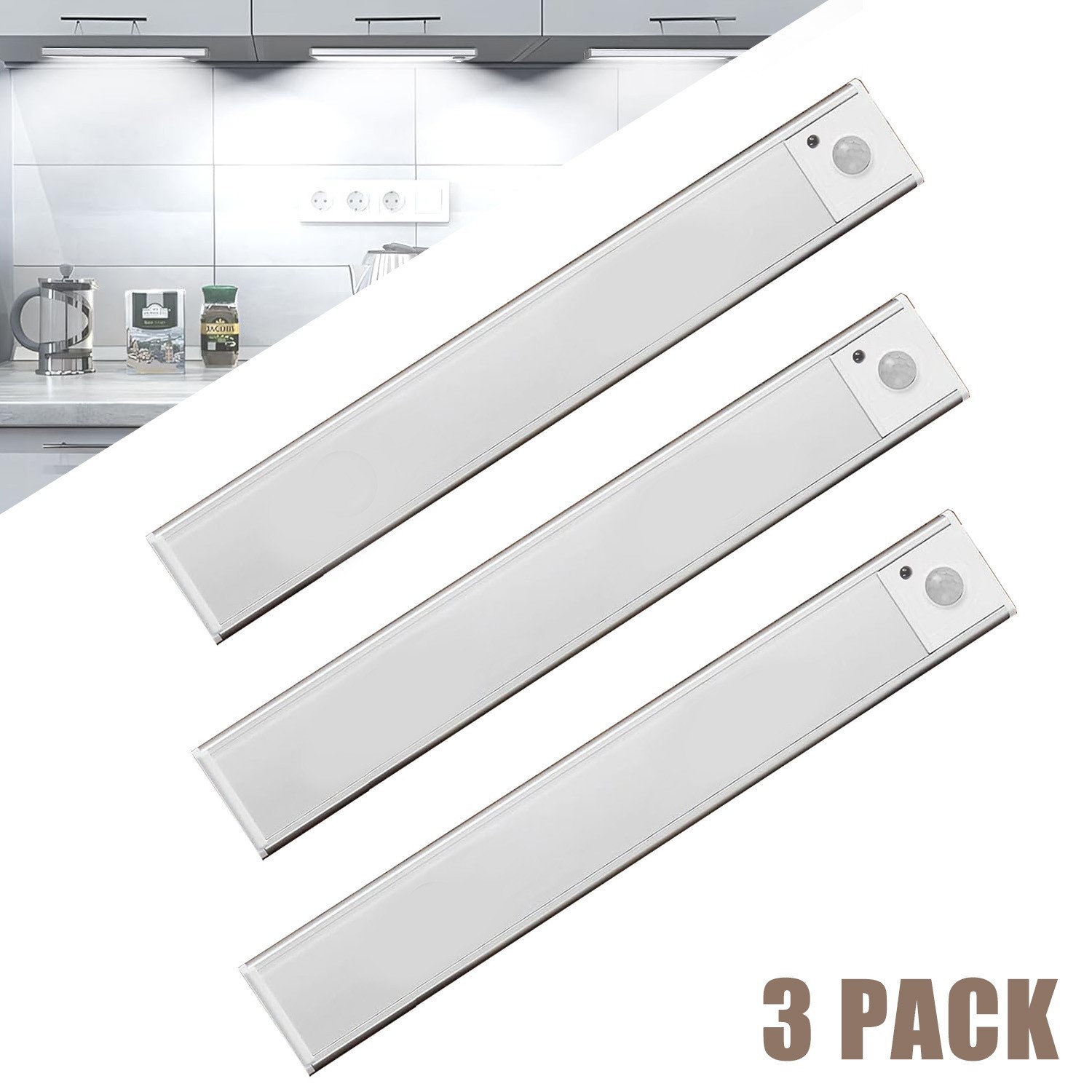 3-Pack LED Under Cabinet Lamp, Rechargeable Motion Sensor, 3 Color Dimmable gallery