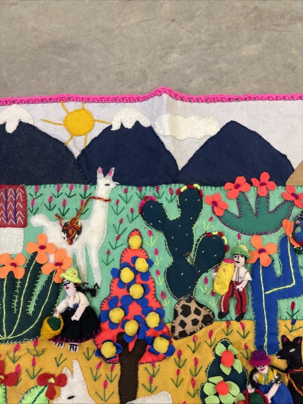 Handmade Peruvian Arpillera 3D Applique Wall Hanging 18x19 Andean Village Scene gallery