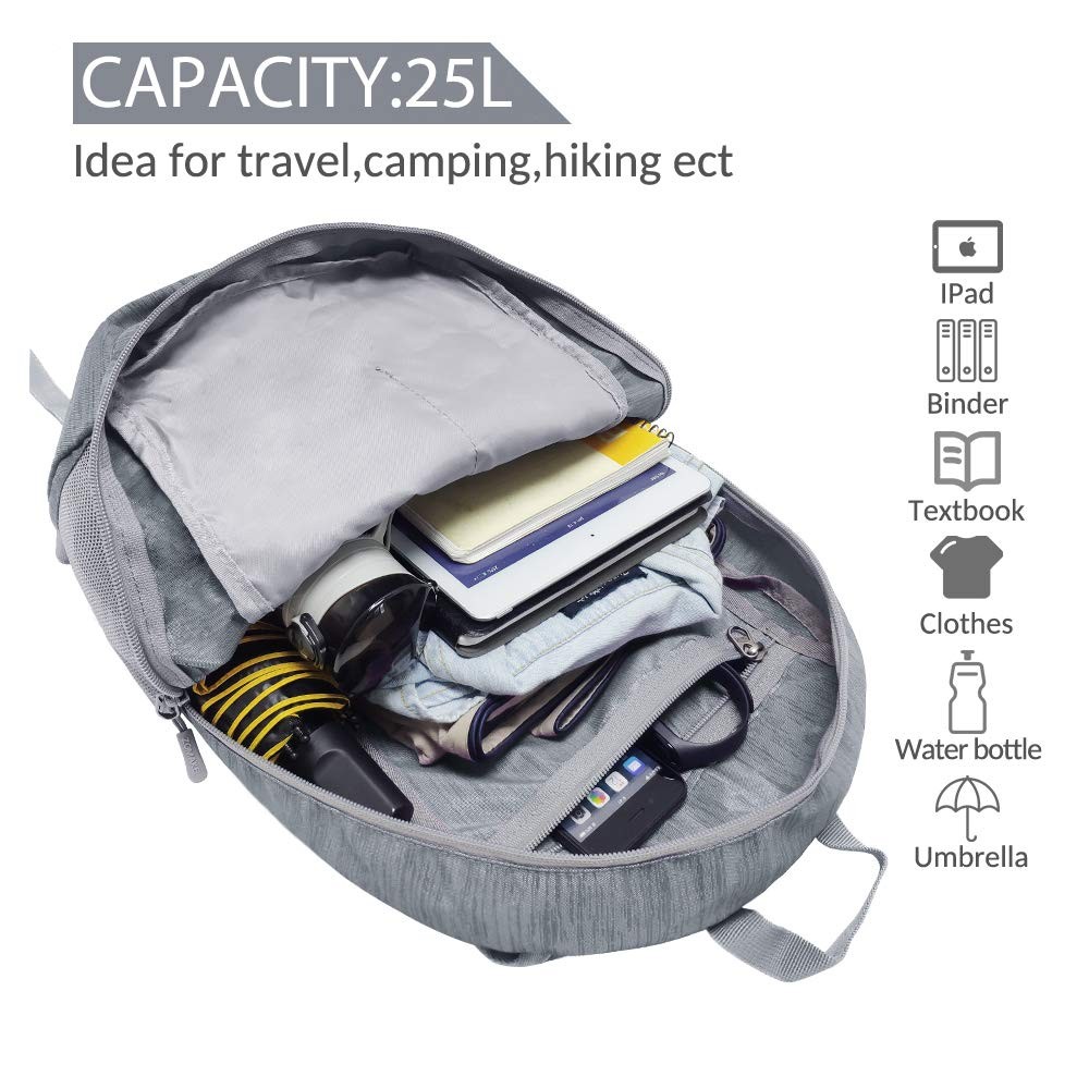 Medium Grey 25L Ultra Lightweight Packable Foldable Hiking Backpack Daypack 3