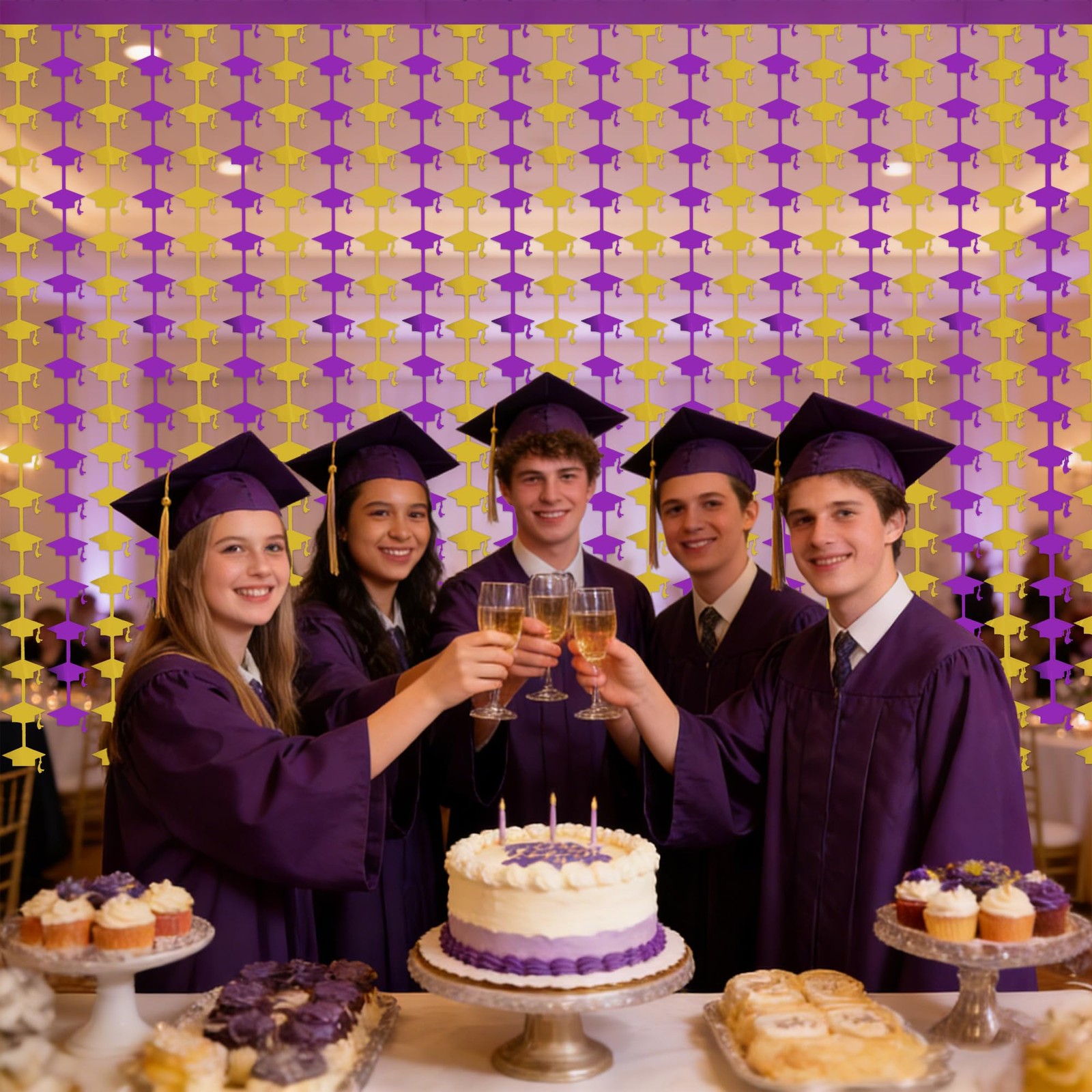 Graduation Decoration 2026 - Purple Gold Graduation Cap Tinsel Streamers Backdro gallery