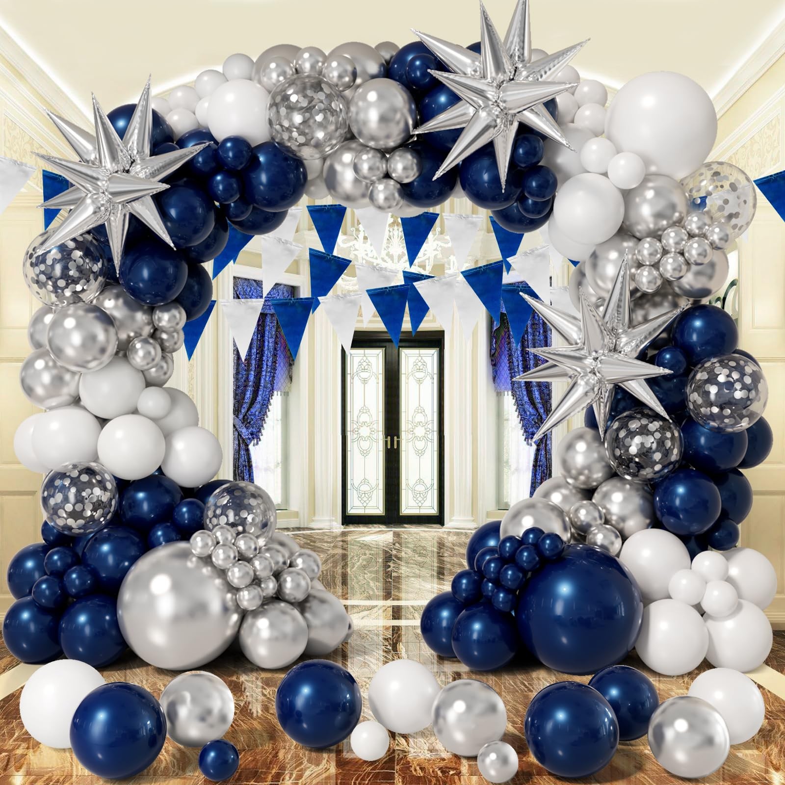 Navy Blue and Silver Balloon Garland Arch Kit 158pcs with Blue White Silver C... gallery