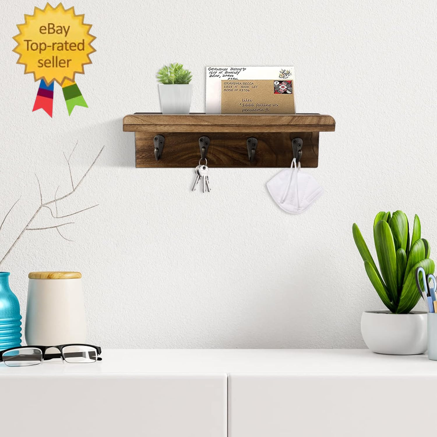 Rustic Key Holder for Wall, Farmhouse Wall Shelf with 4 Hooks, Wall Mounted Key gallery