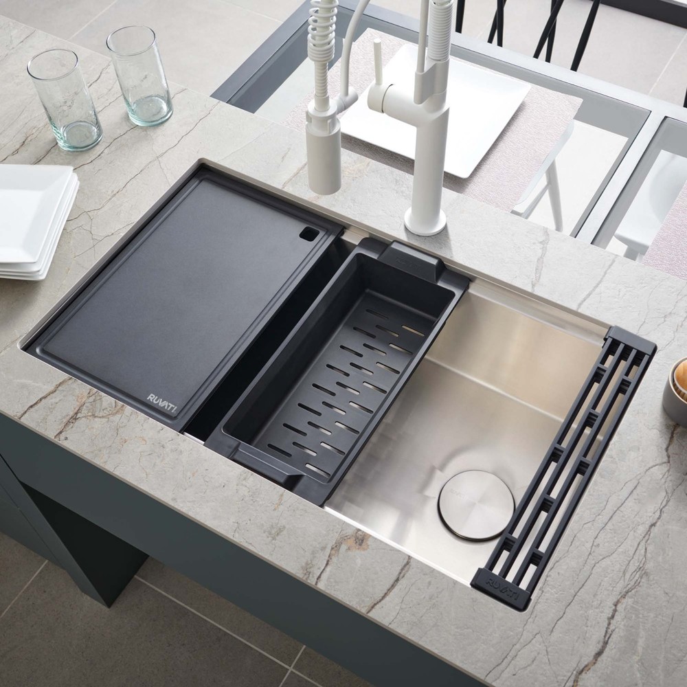 Ruvati 30" Workstation Slope Bottom Offset Drain 16G Kitchen Sink- RVH8584