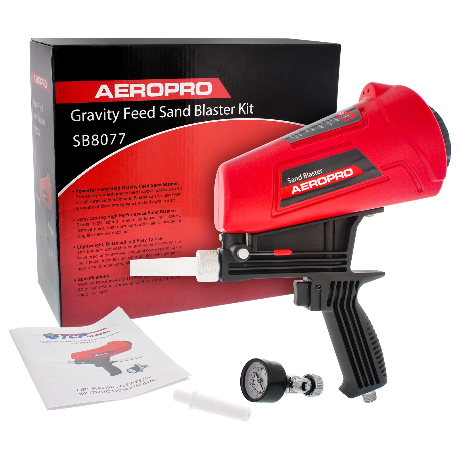 Gravity Feed Sand Blaster Gun Kit, Spray Blasting, 2 Ceramic Nozzles, Regulator gallery