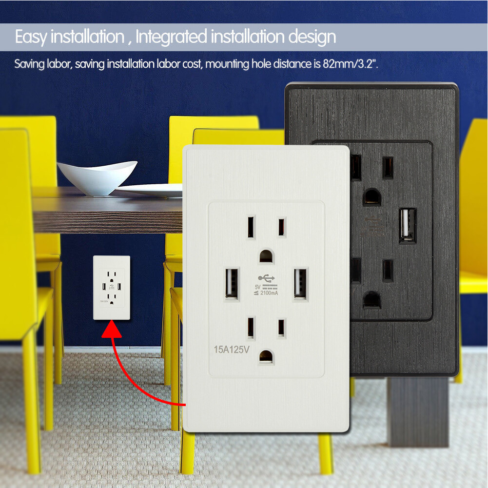 Dual USB Wall Outlet Fast Charger Port Socket 15A 3 Prong Electrical Receptacles gallery