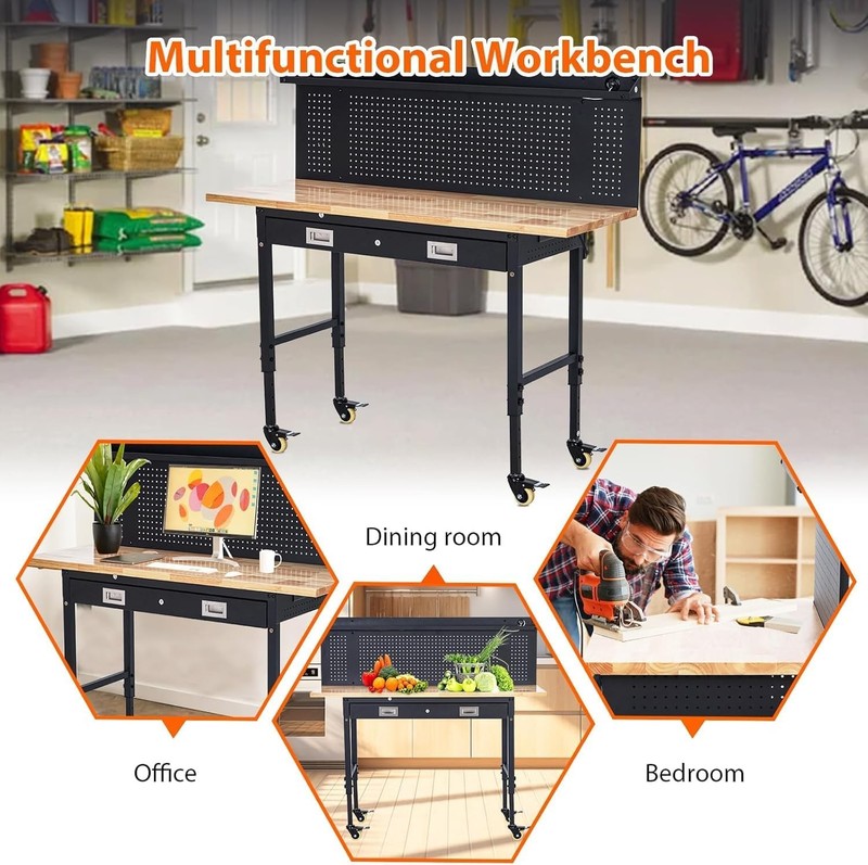 60'' Adjustable Workbench with Power Outlet, Wheels, Drawers, Pegboard gallery