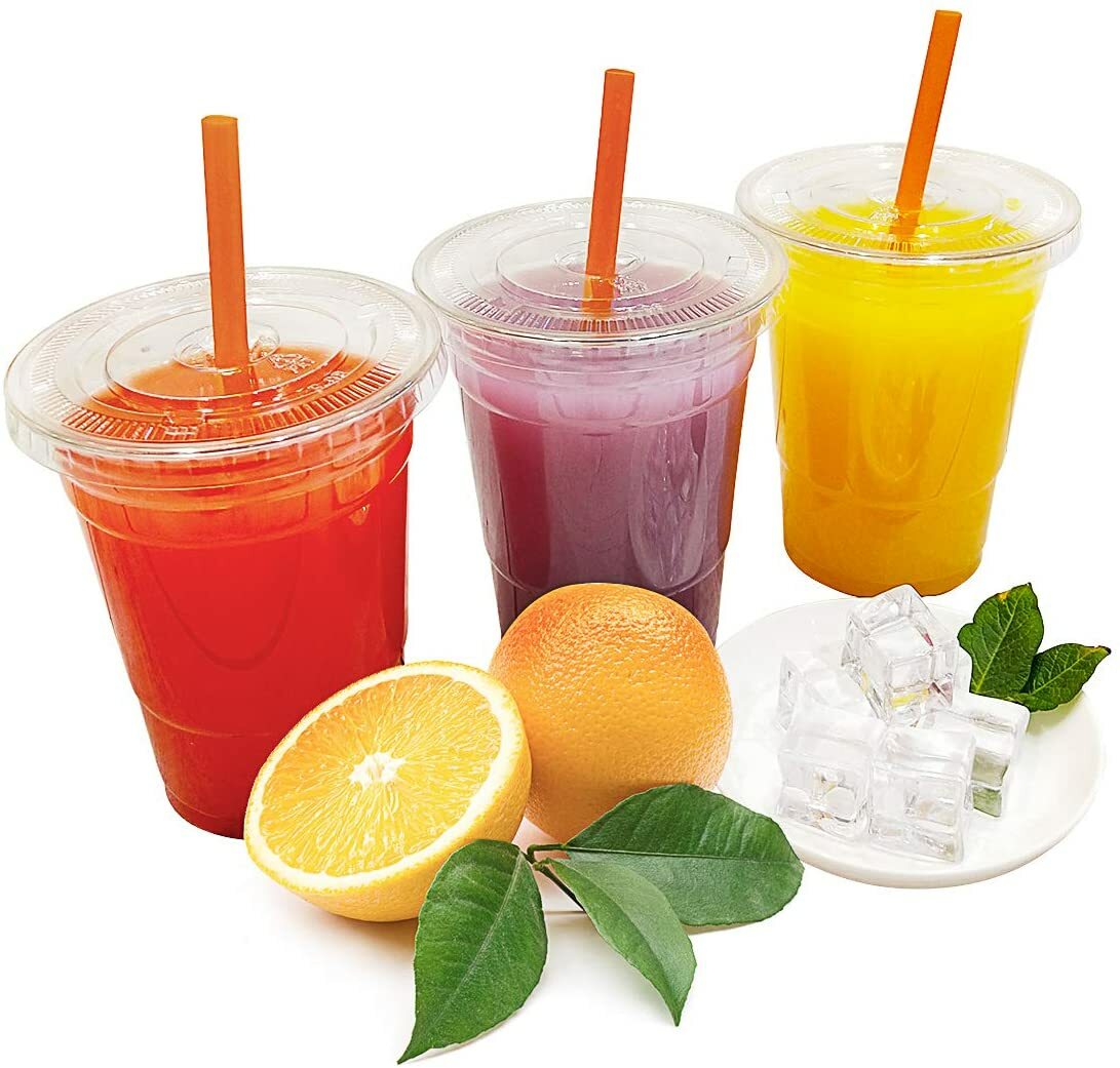BULK [100 Set] Disposable Plastic To Go Cups with Flat Lids and Straws - Clear gallery