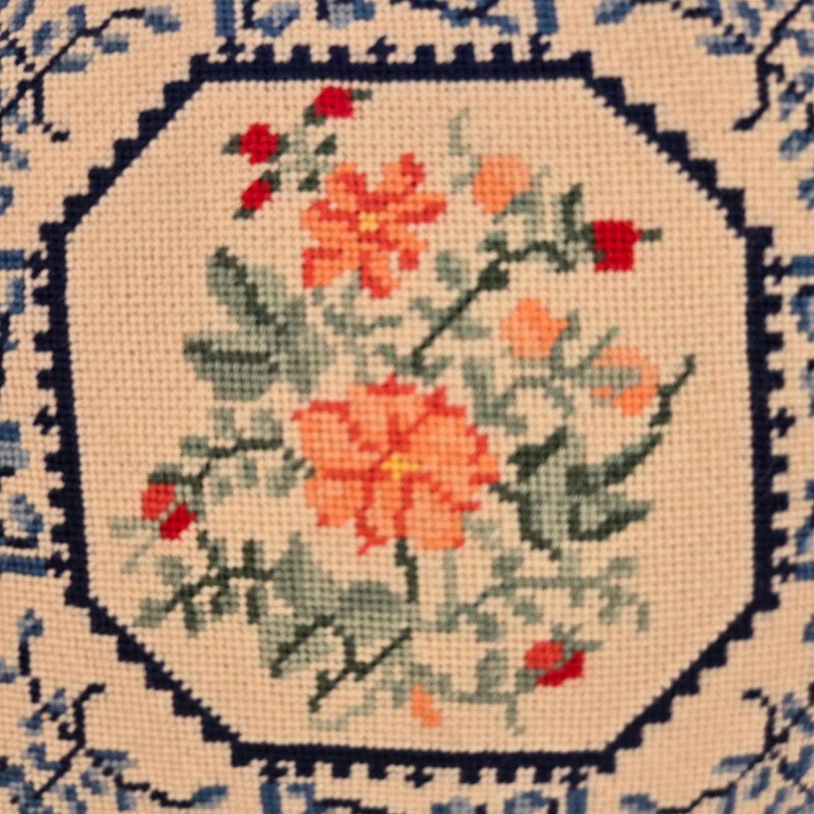 Vintage Style Needlepoint Floral Bird Accent Pillow Navy Blue Cream 14x14 gallery