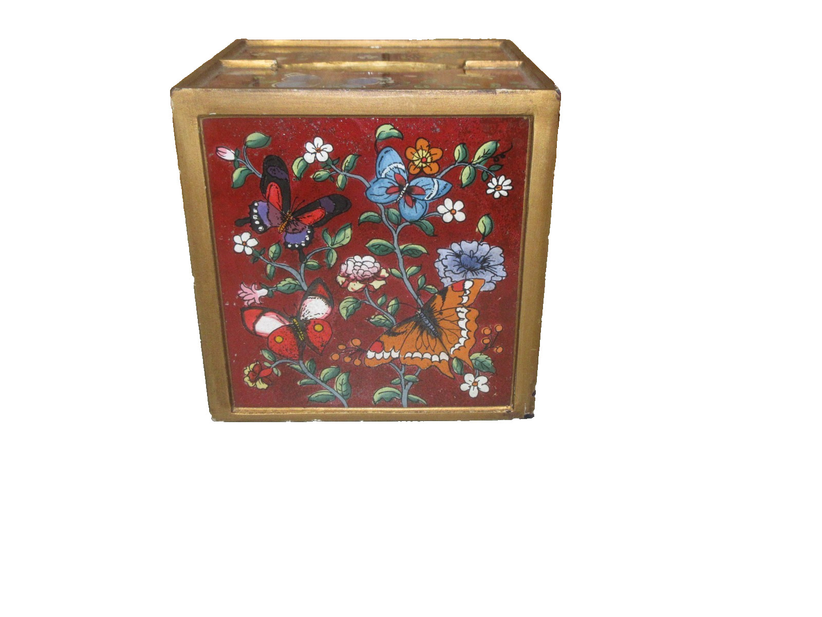 Vintage Handmade in Peru Butterfly Floral Wooden Tissue Box Cover Red Asian gallery