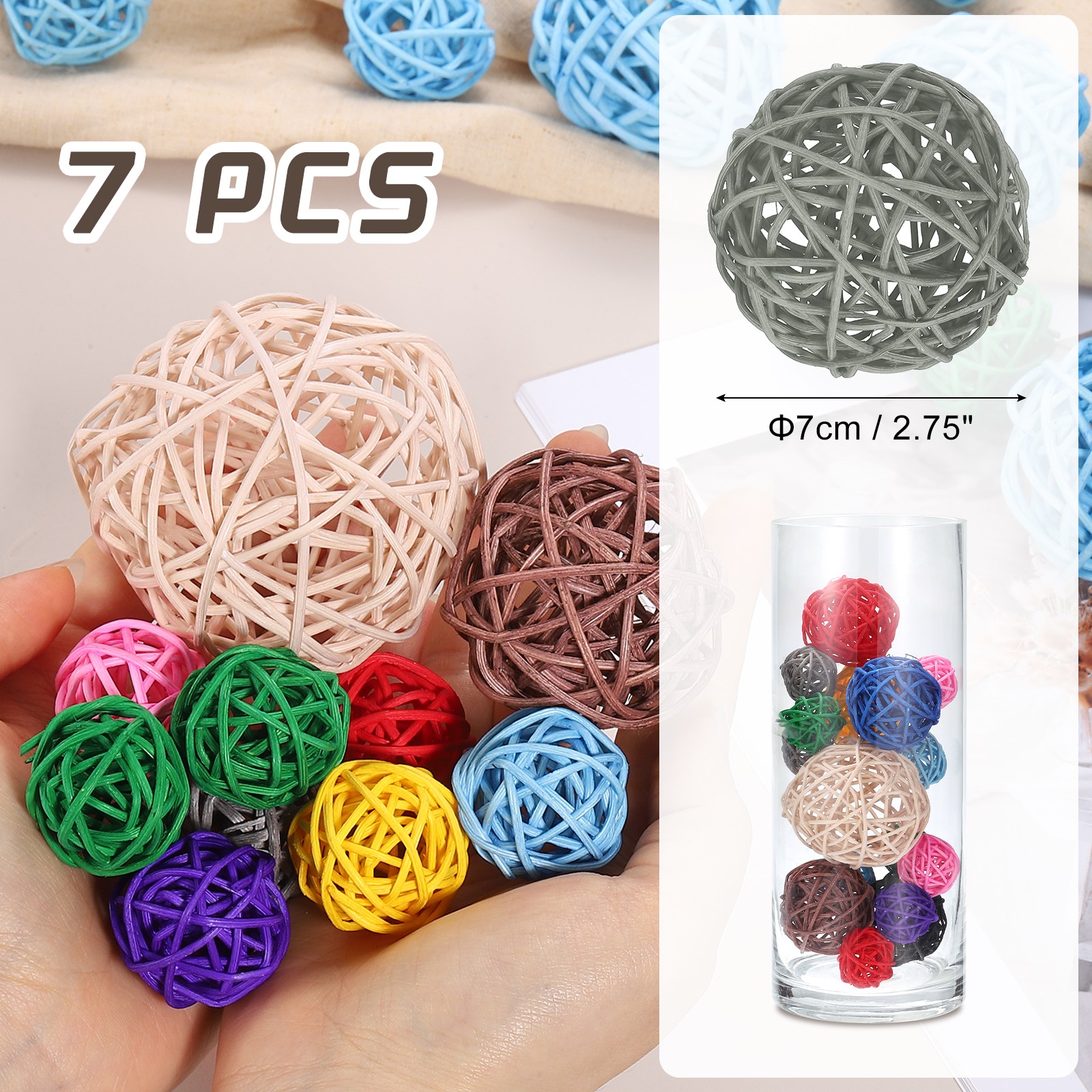 7Pcs Wicker Rattan Balls, 2.75 in Dia Rattan Decorative Balls, Gray gallery