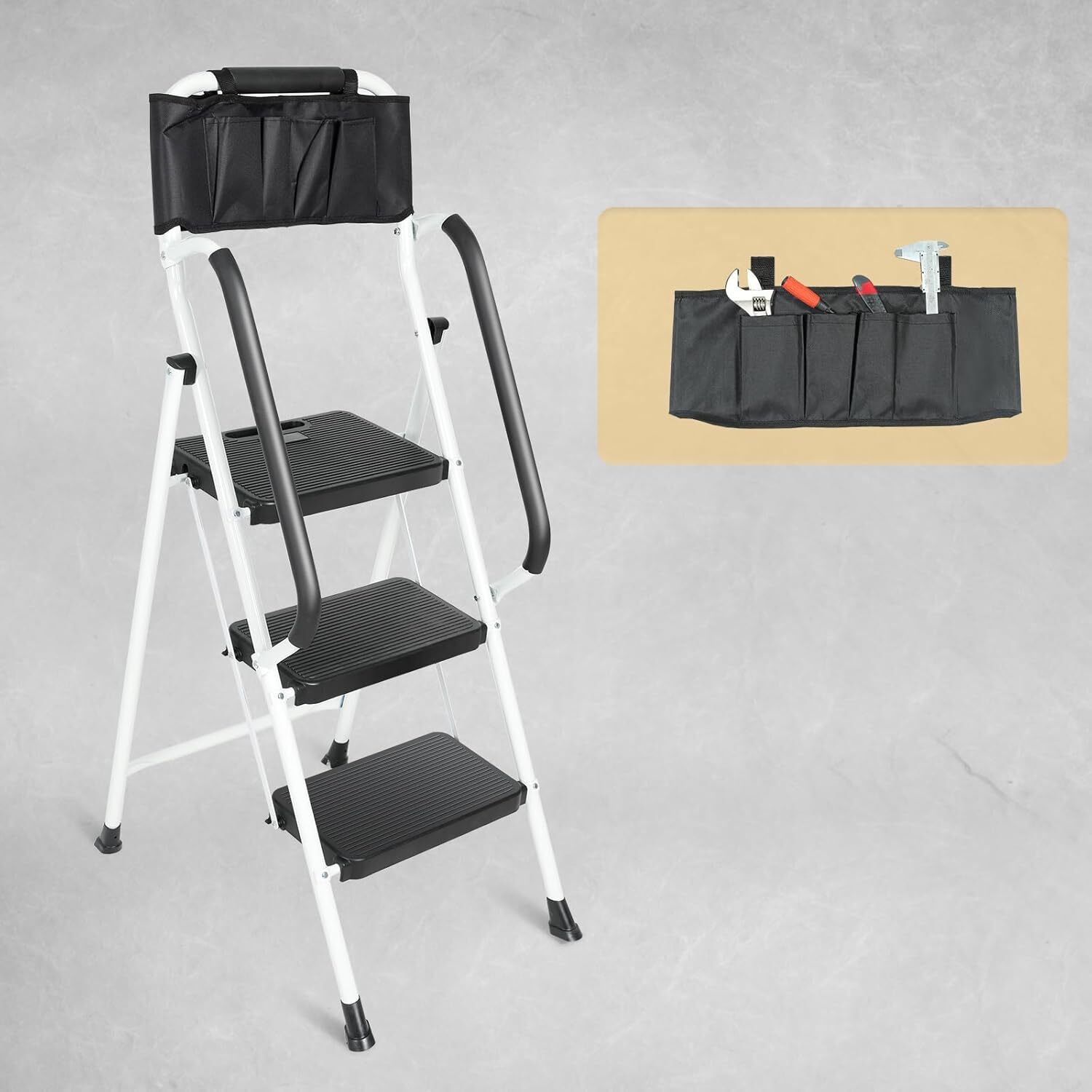 3 Step Non-Slip Stool Ladder with Handrails 500 lbs folding Attachable Tool Bag gallery
