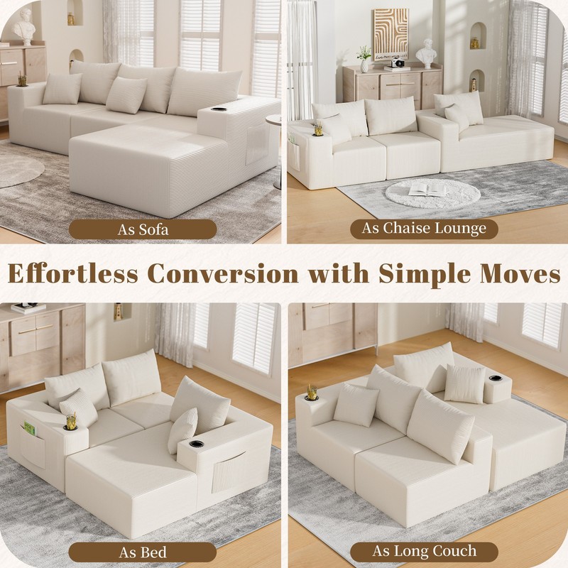Modern Sectional Couch L-Shape Modular Sofa Three-piece Foam Corduroy Plush Soft gallery