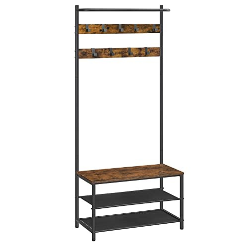 Hall Tree with Bench and Shoe Storage, Entryway 25.2"W Rustic Brown + Black gallery