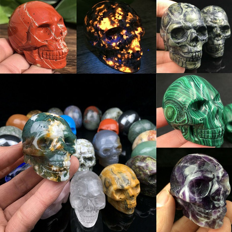 2" Flame Stone Pink Quartz Crystal Skull Obsidian Halloween Malachite Polished gallery
