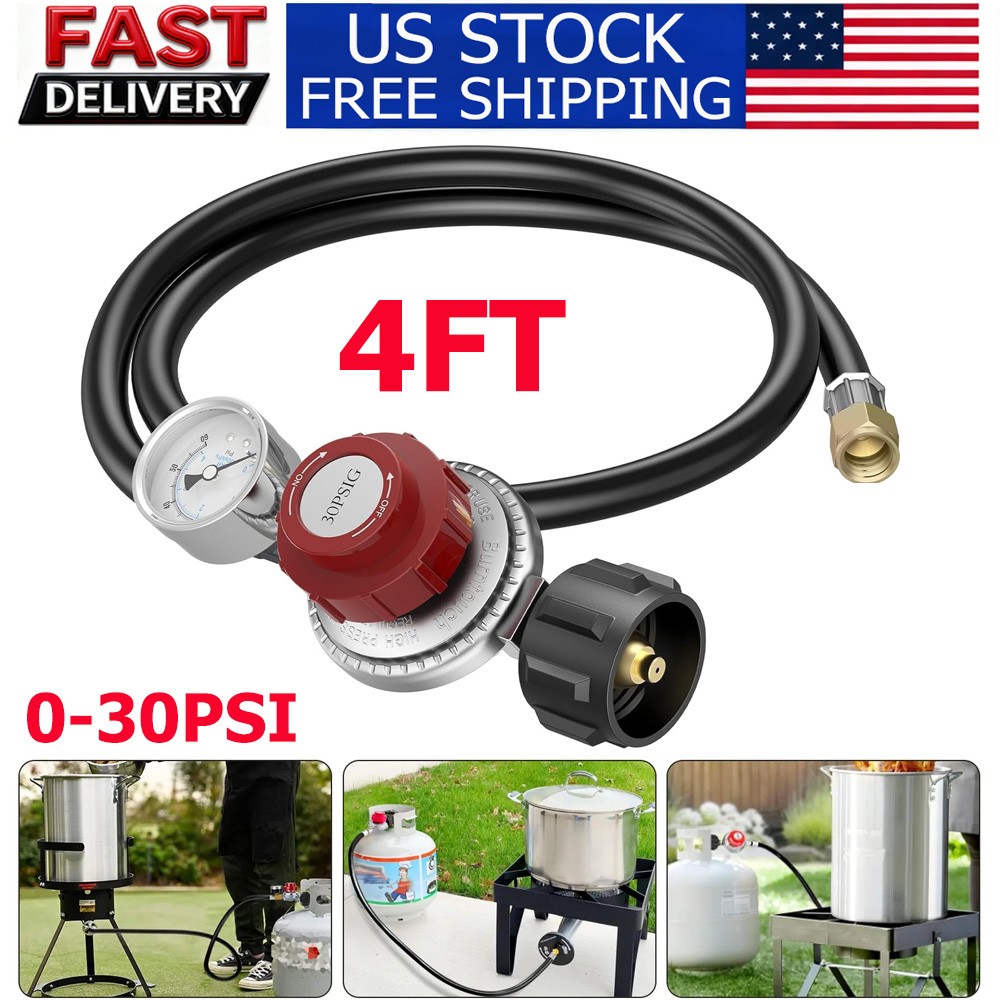 🔥4FT 0-30PSI Adjustable High Pressure Propane Regulator with Hose and PSI Gauge gallery