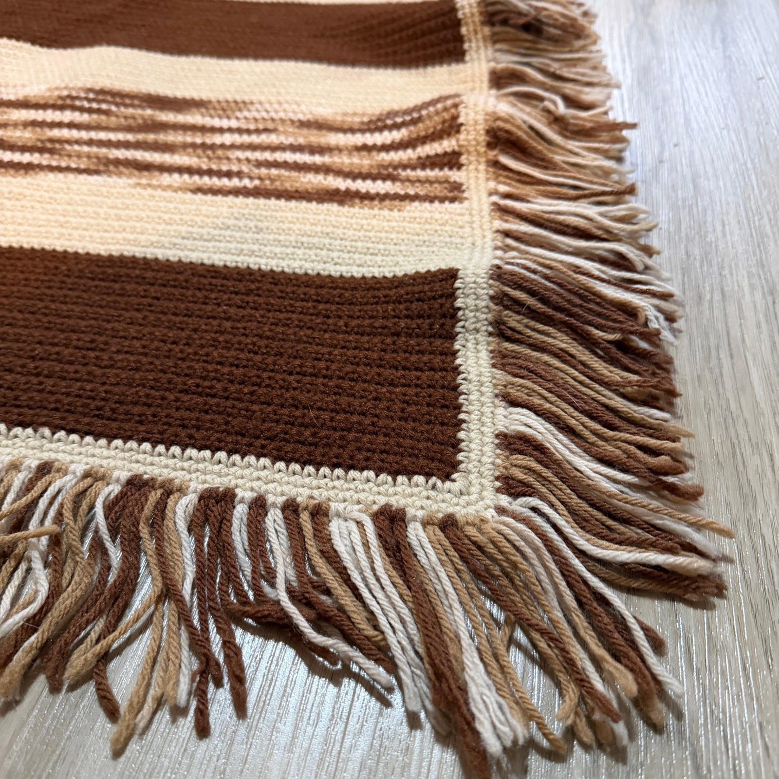 Handmade Crochet Throw Blanket/Rug 72x46 Brown Cream Striped 1970s Style gallery