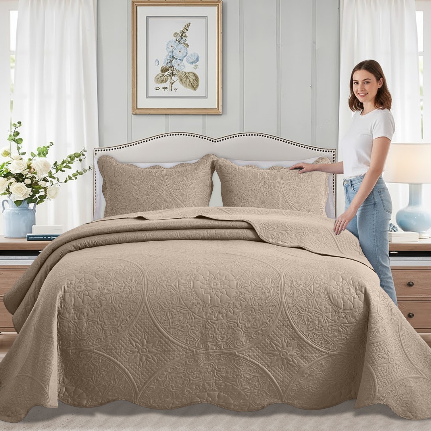 3Pc-Embossed Luxury Bedspread 80GSM Microfiber Floral Vintage Quilt Sets Queen gallery