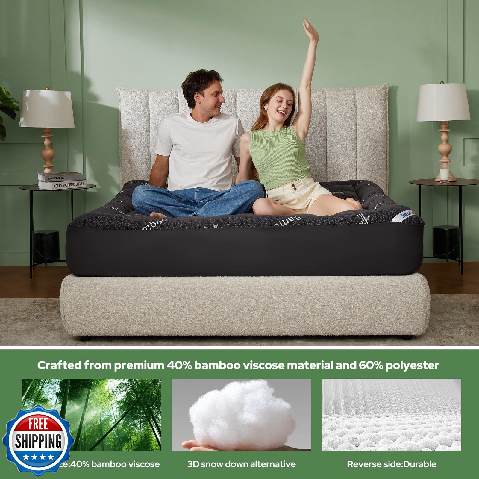BEDLORE King Mattress Topper Viscose Derived from Bamboo, Thick Pillow Top Ma gallery