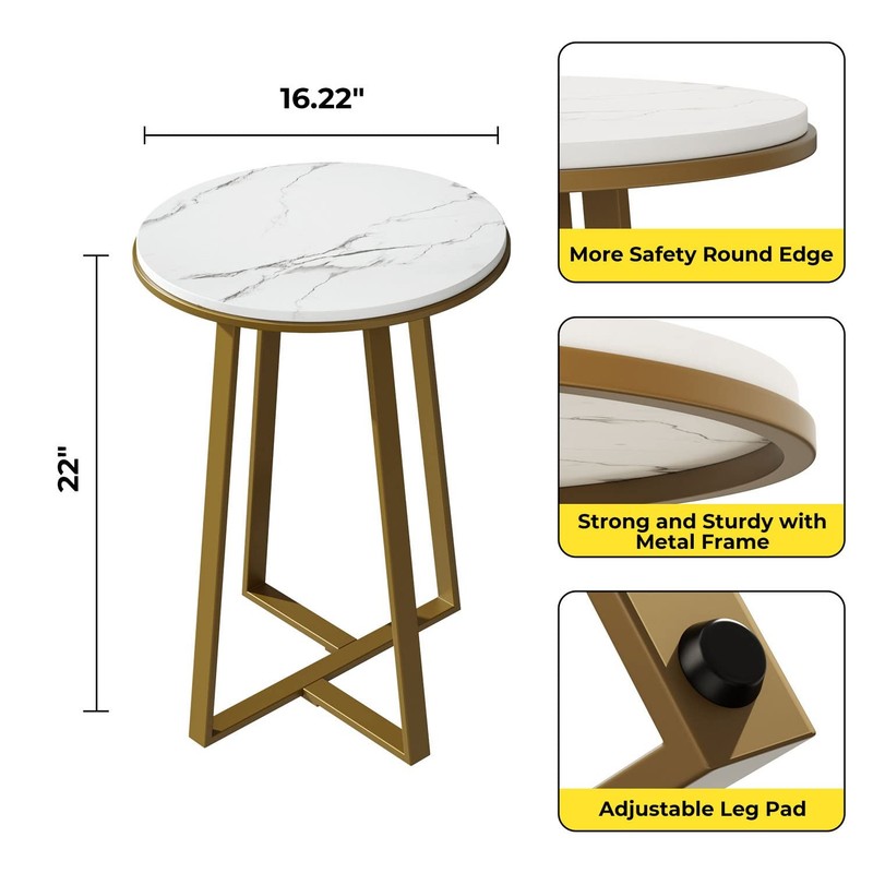 Round End Tables, Small Side Table White Marble Texture MDF ,Metal Frame Gold Co gallery
