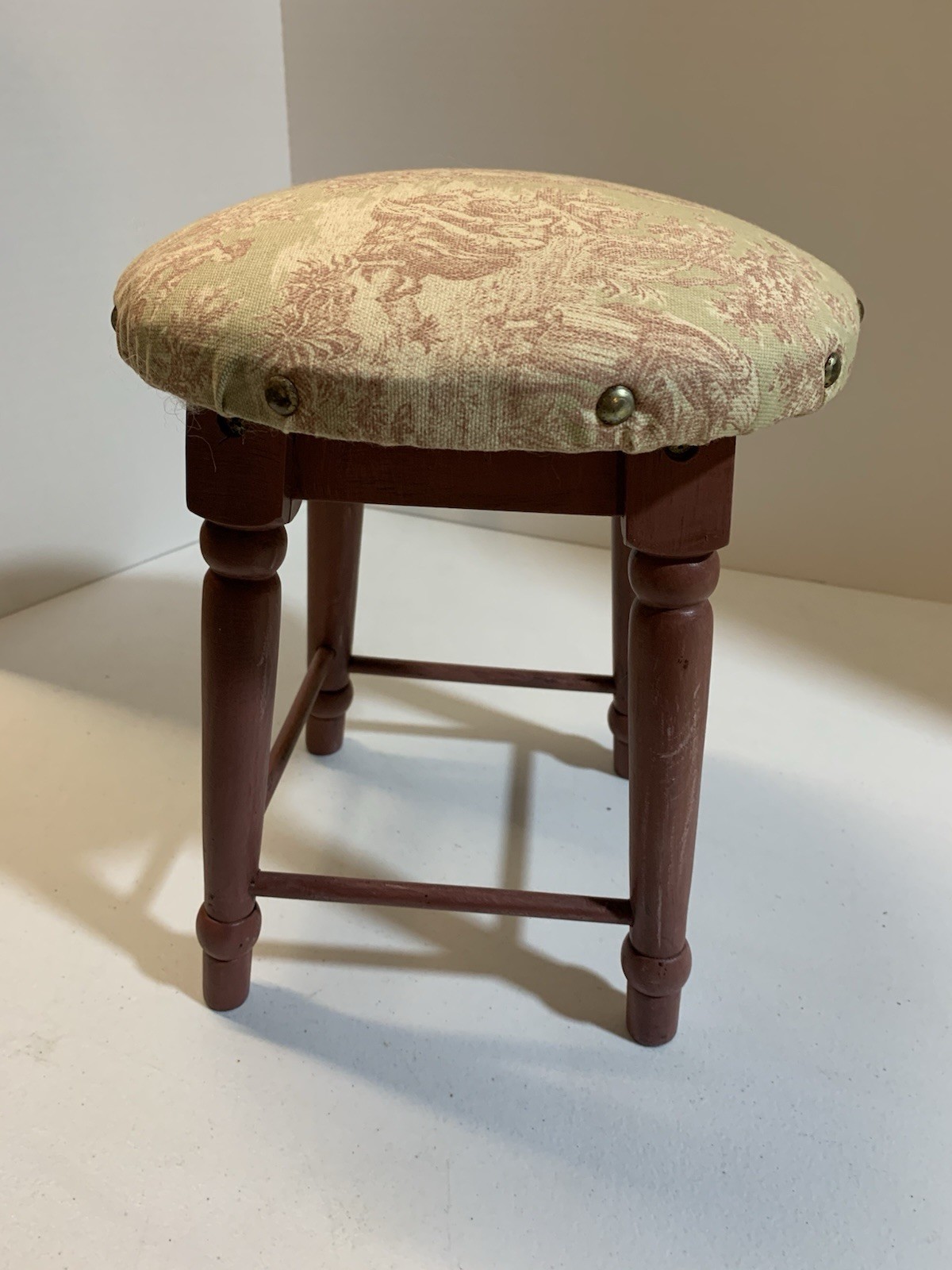 Cricket Stool with French Toile Upholstery Brass Head Tacks gallery