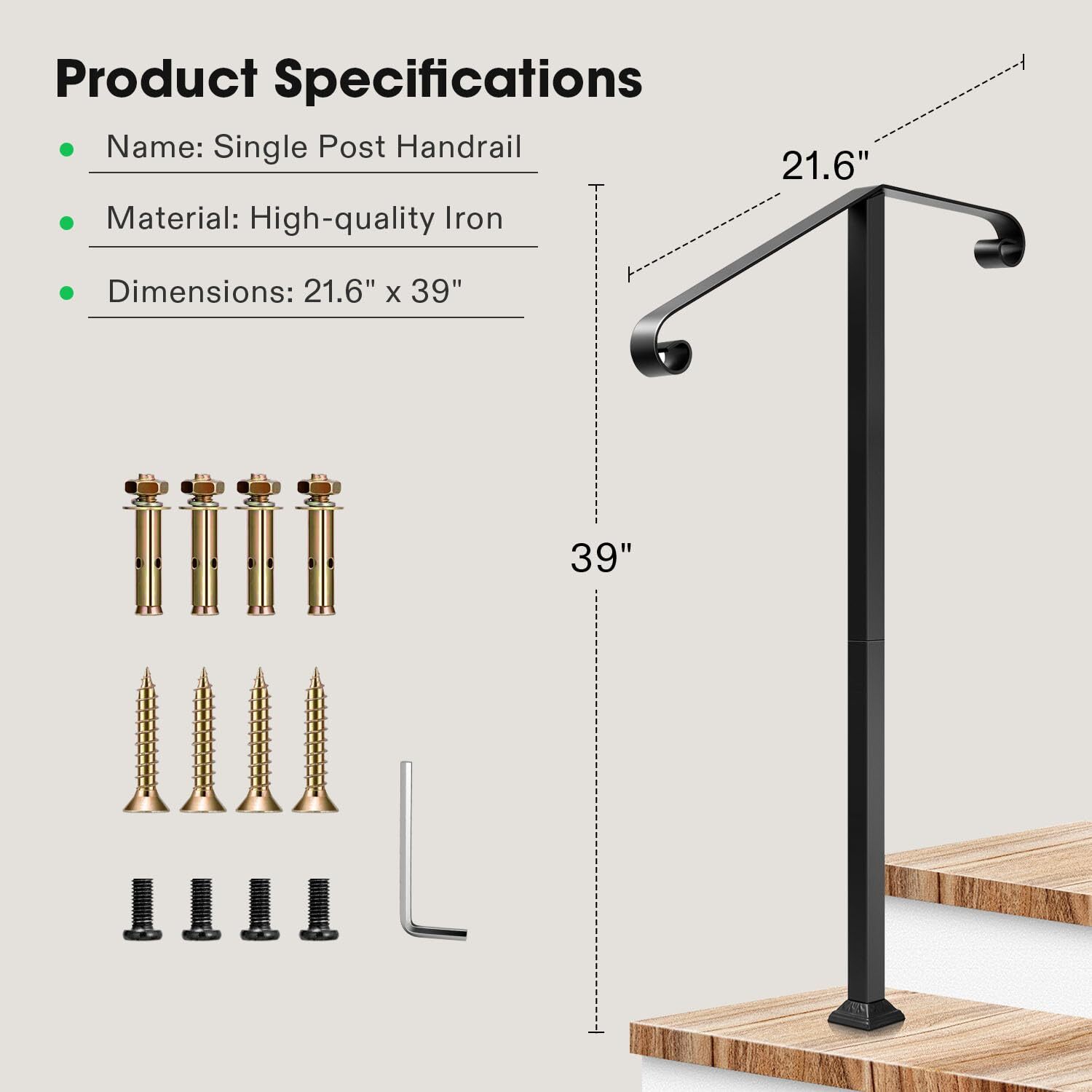 21"x39" 1-2 Steps Single Post Porch Railing Wrought Iron Stair Railing Handrails gallery