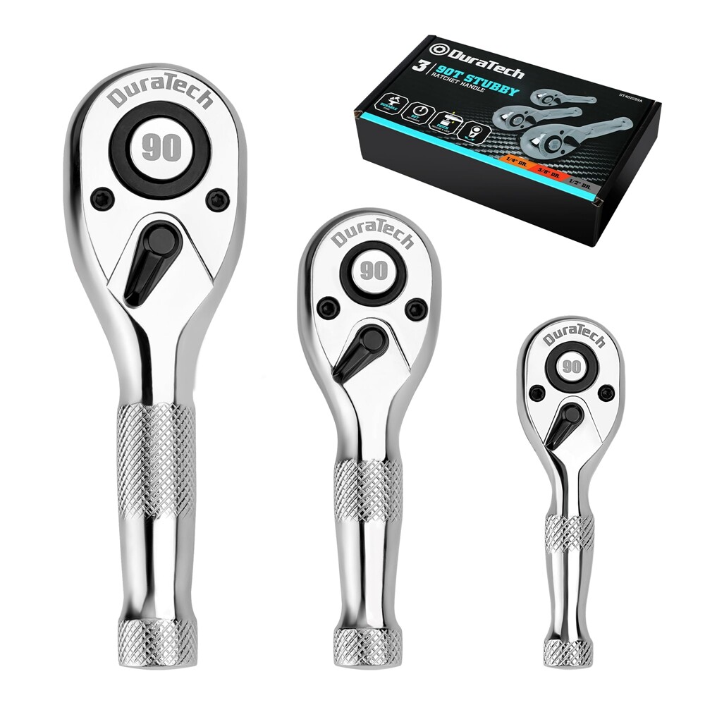 DURATECH 3PCS Stubby Ratchet Wrench Set 90-Tooth 1/4" 3/8" 1/2" Dr Socket Wrench gallery