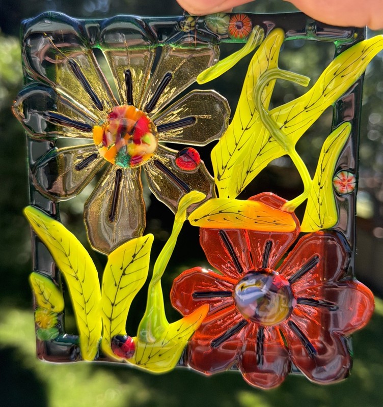 Fused Glass Handmade Rectangular Multicolor Sun Catcher Signed By Artist gallery