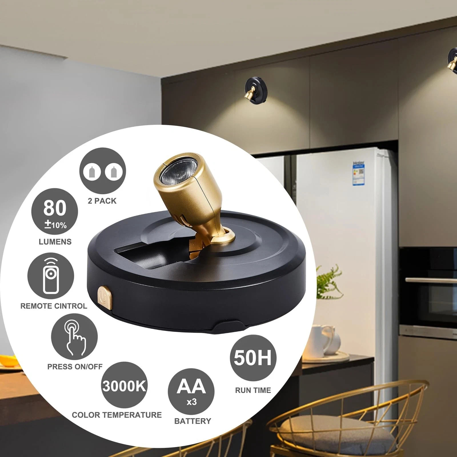 2-Pack Wireless LED Spotlight Battery Operated Picture Lights, Puck Lights with gallery