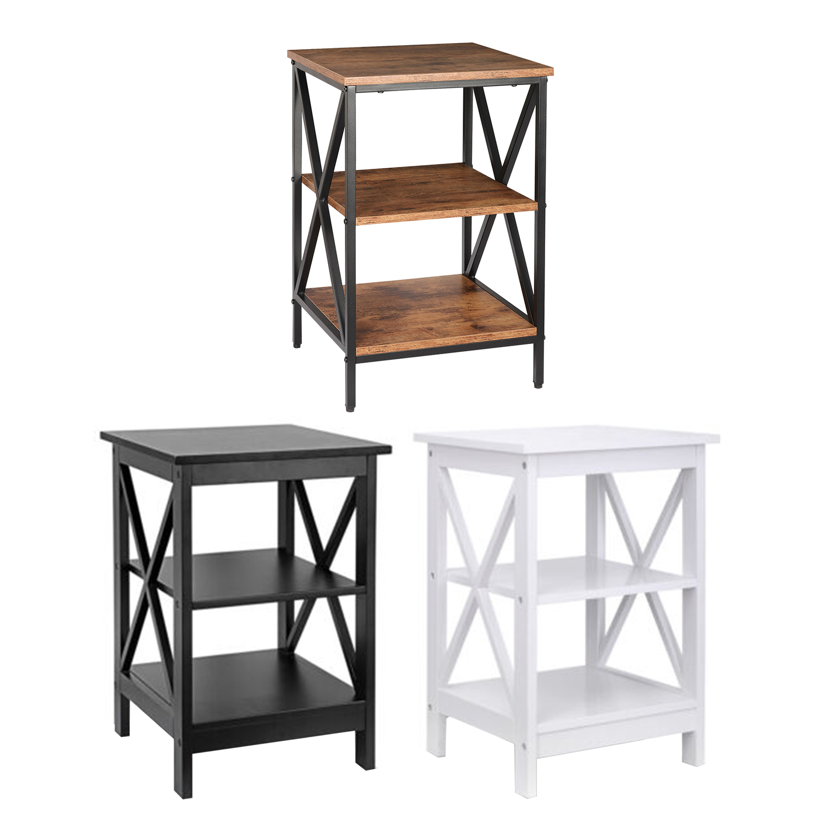 3-Tier Side Table 24" End Table X-Design with Storage Shelves Black/White/Brown gallery
