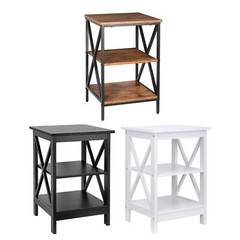3-Tier Side Table 24″ End Table X-Design with Storage Shelves Black/White/Brown