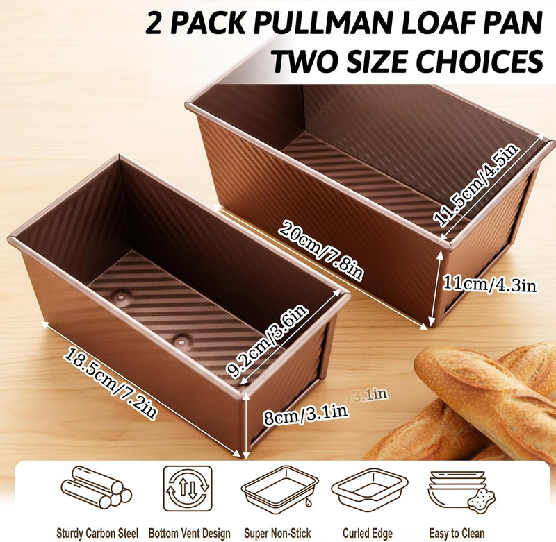 2 Pack Pullman Loaf Pan with Lid, Non-Stick Bread Pan for Sourdough | 2.2 lb & 1 gallery