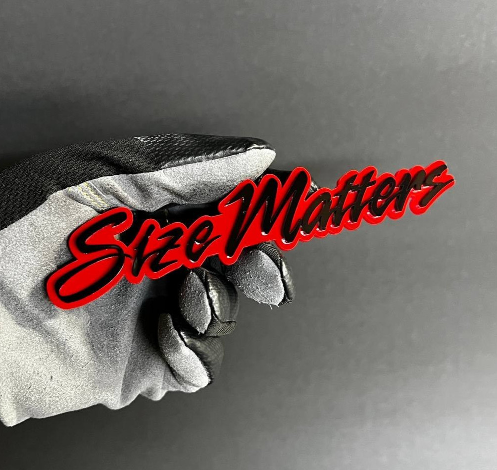 1x "SIZE MATTERS" Custom Text 3D Acrylic Car Emblem Badge Multicolor Laser Cut gallery