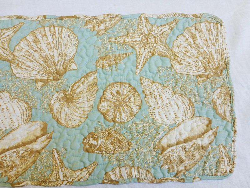 Quilted Table Runner Seashells Reversible Cotton Turquoise Blue Beige Beach gallery
