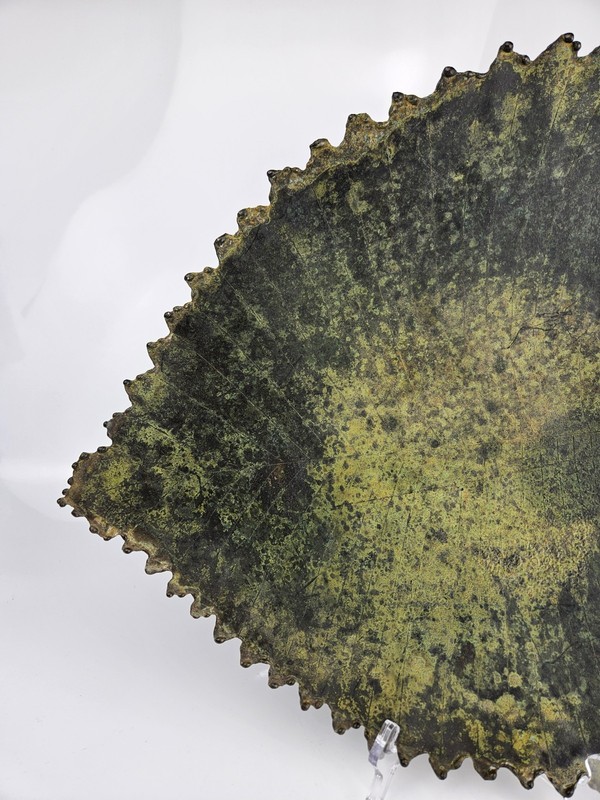Large Decorative Metal Leaf Tray Bowel Verdigris Patina Ball Feet Serrated Edge gallery
