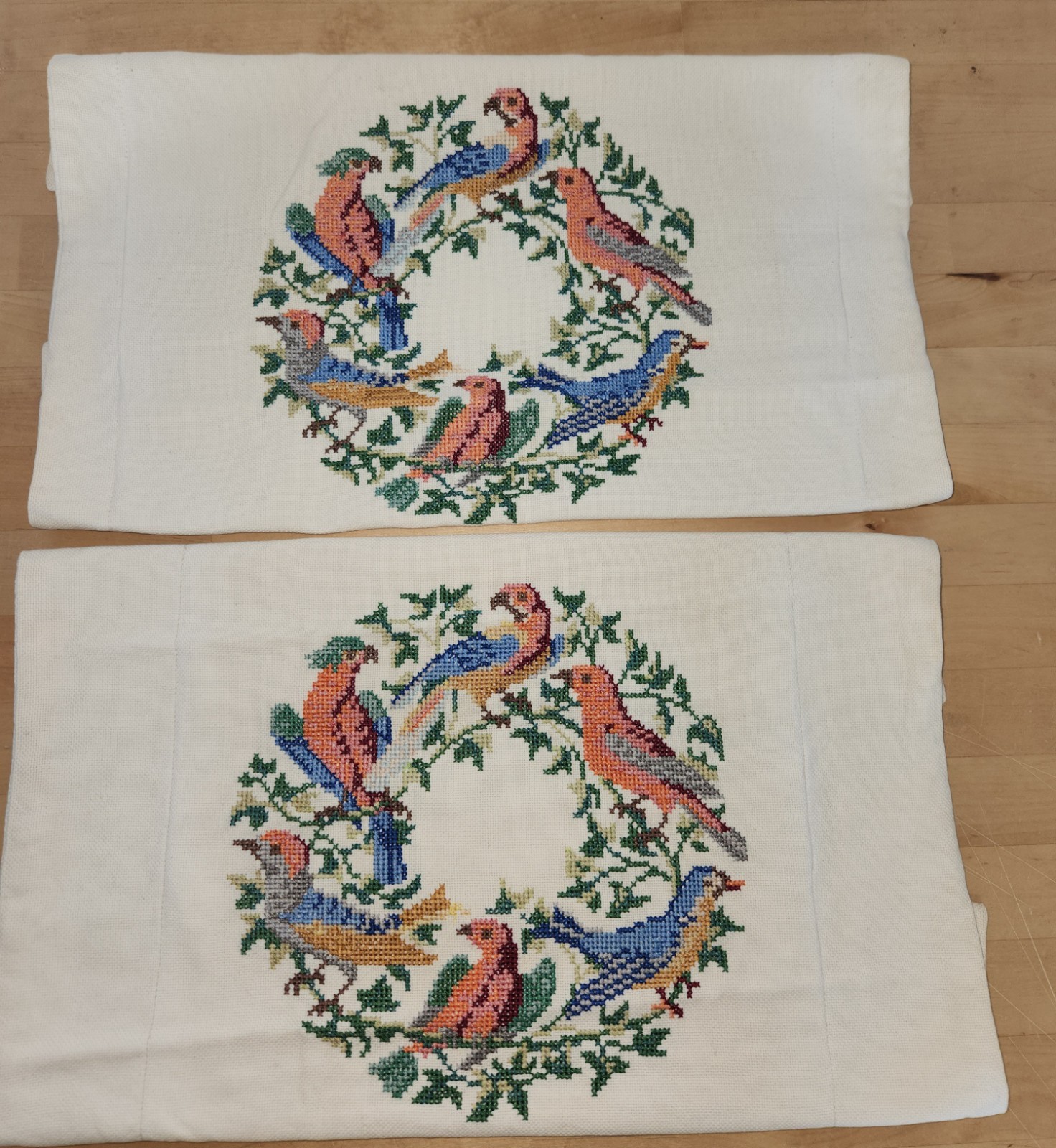 2 Vintage Handmade Crochet Design Throw Pillows Multicolor Birds gallery