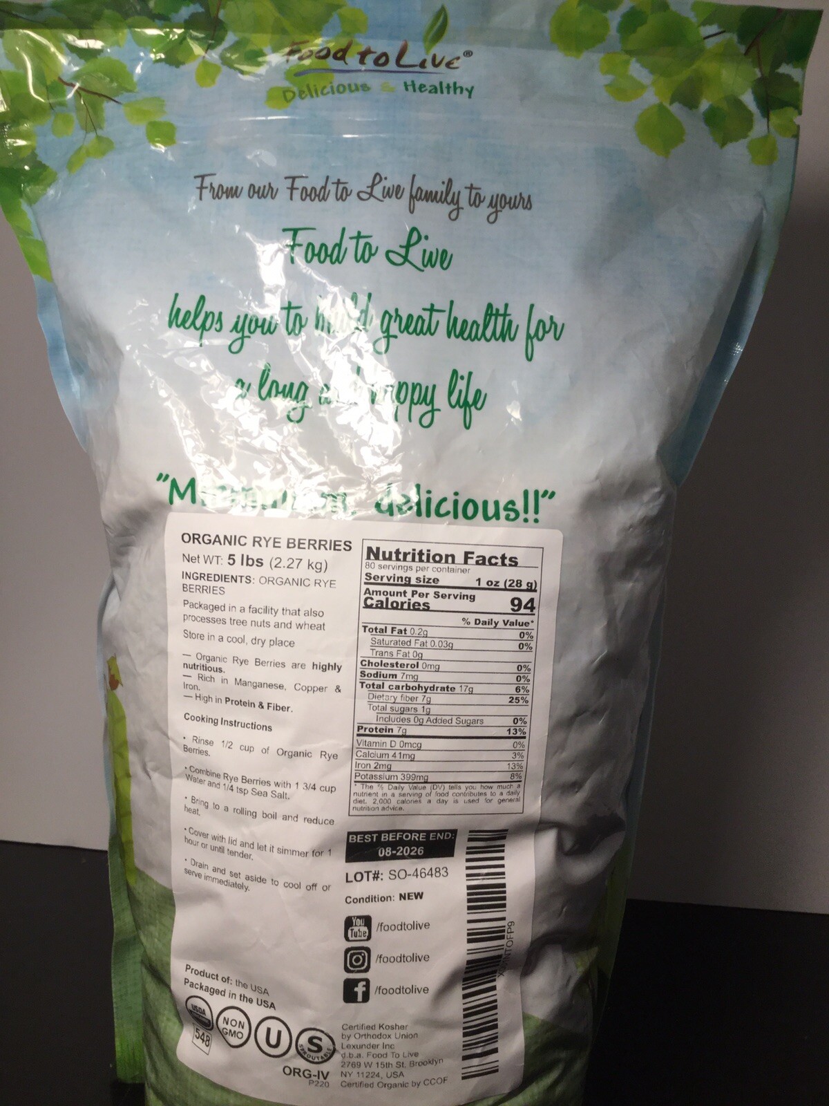 Organic Rye Berries 5 LB Pound Bag USDA & Organic Certified Food To Live Brand gallery