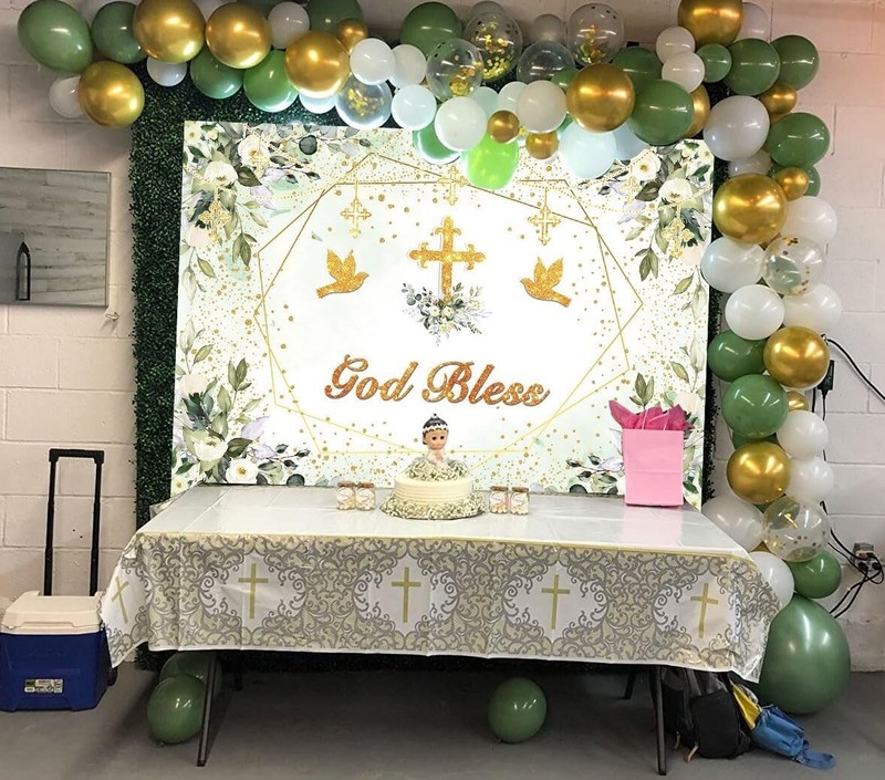 Greenery God Bless Backdrop 7x5ft Baptism Communion Banner Green Gold Decor gallery