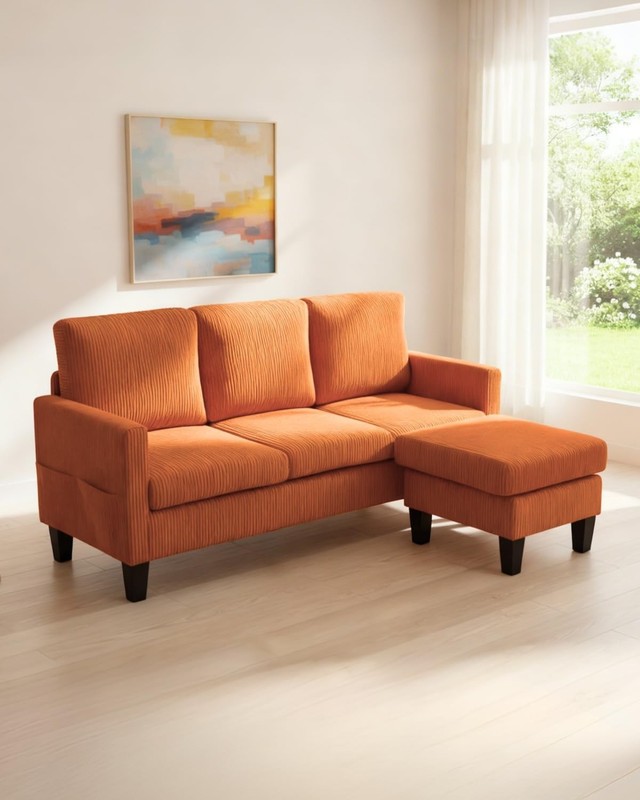 Small Sectional Couch L Shaped Sofa W/ Movable Storage Ottoman Corduroy gallery