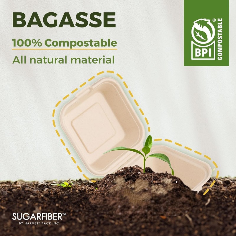 50 Count Compostable Take-Out Boxes, Square 6" Bagasse Clamshell gallery