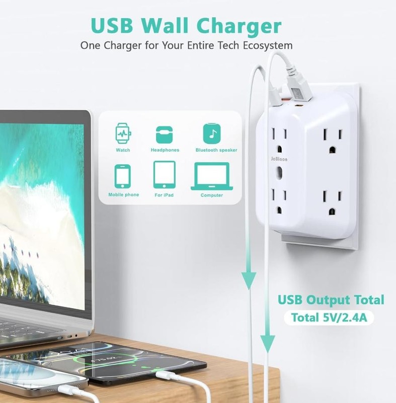 Multi Plug Wall Outlets, 6-port Outlet Extender with 4 Charging USB Ports 4 Side gallery