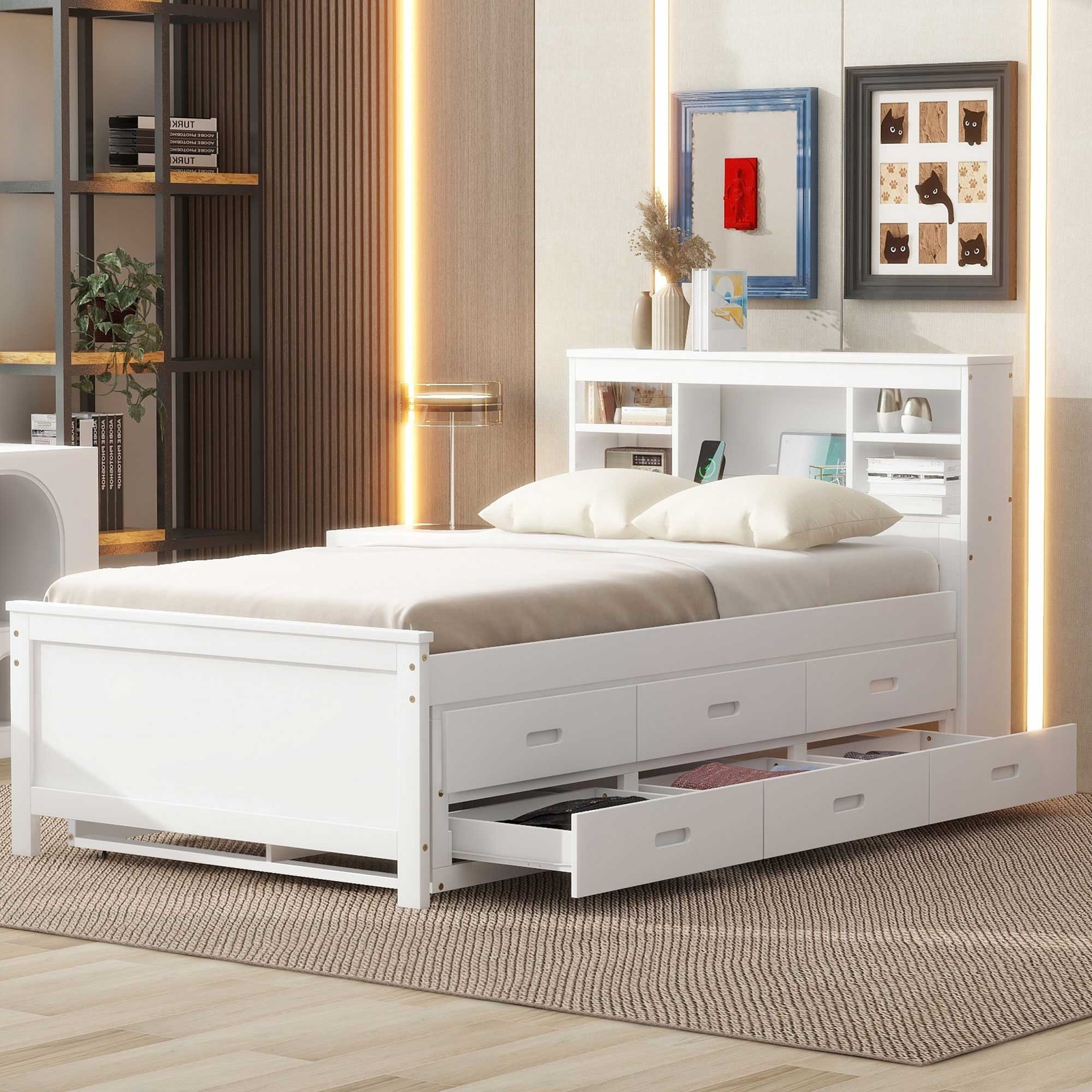 Twin/Full Size Bed Frame Wood Platform Bed w/ Trundle & Storage Headboard gallery