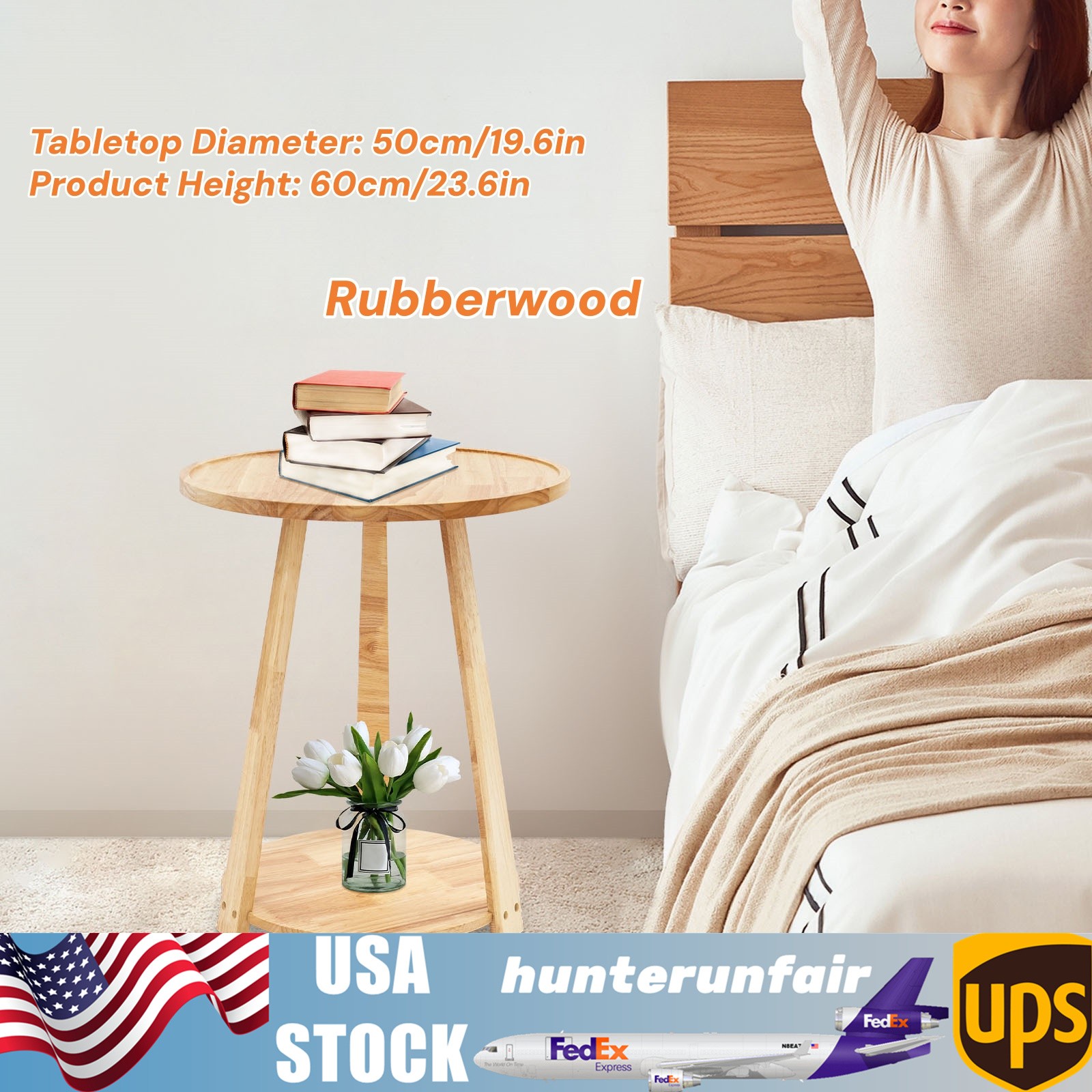 2-Tier Home Side Table 25kg Capacity Round Side Table Rubberwood Couch End Table gallery
