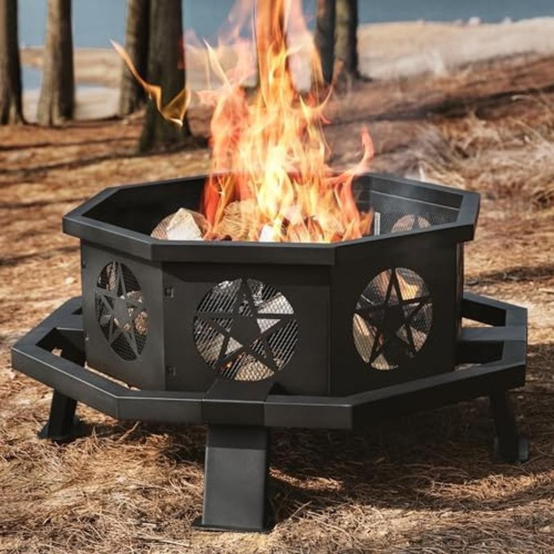 35 in Octagonal Fire Pit Outdoor Fire Pit Wood Burning Fire Pits w/Cooking Grill gallery