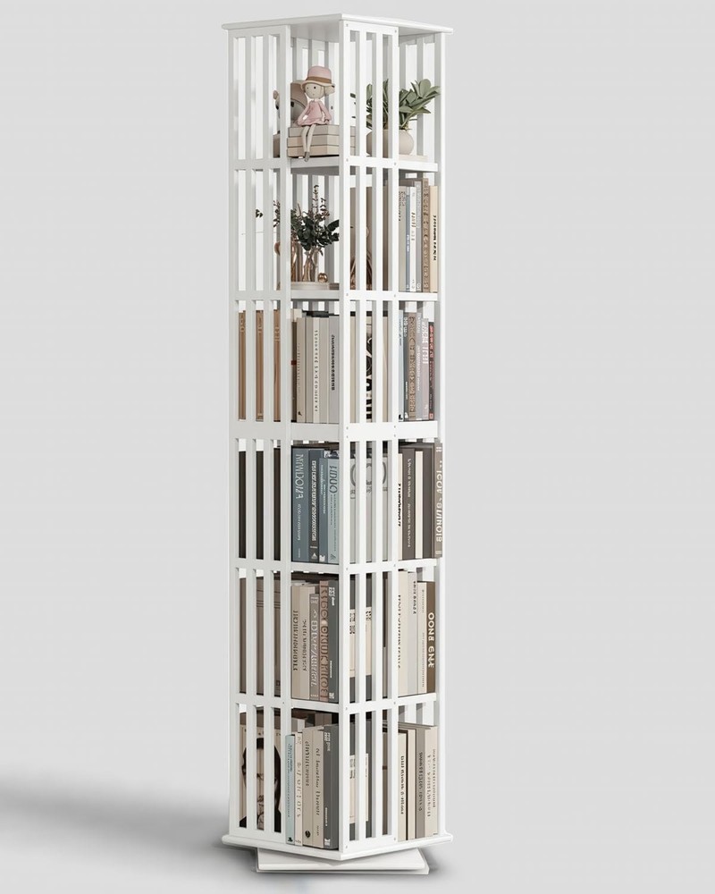 Rotating Bookshelf Tower– 6 Tier 360° Bamboo Spinning Book Shelves Space-Saving