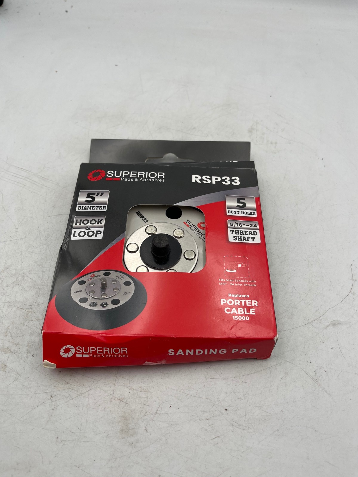 Superior RSP33 Sanding Pad 5in Diameter Hook Loop 5 Dust Holes 5/16-24 Shaft gallery